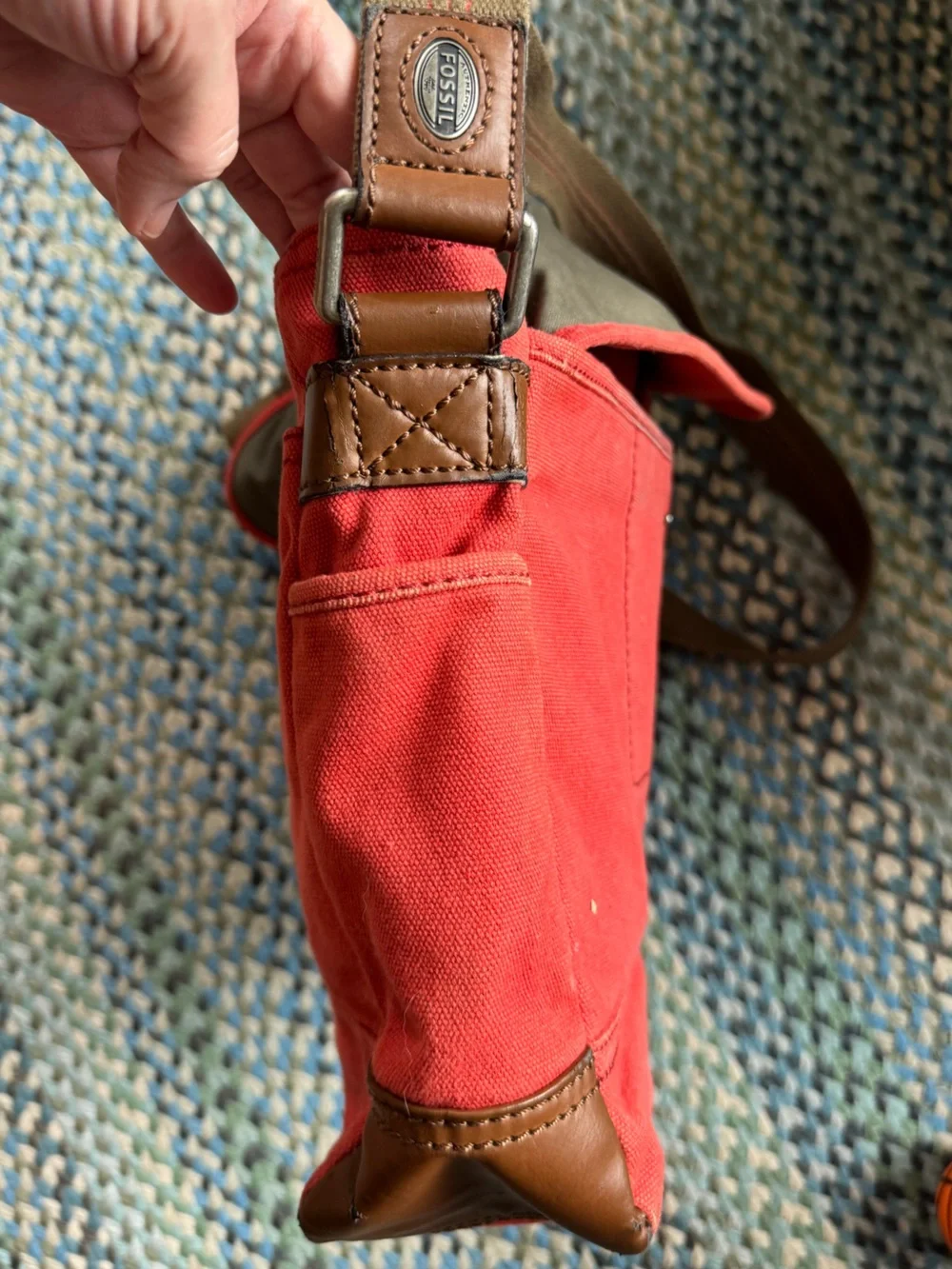Fossil Canvas Messenger Bag with Brown leather Trim